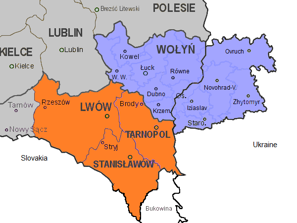 Map showing the regions of Volhynia and Galicia